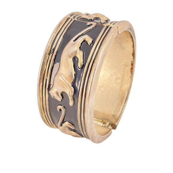 Walking Leopard Enamel and Silver Plate Bangle Bracelet Hinged Black Silver - Picture 6 of 6